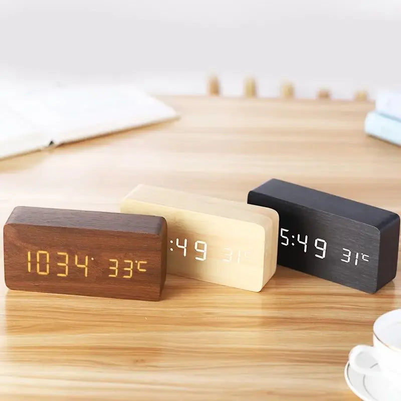 wooden digital alarm clock